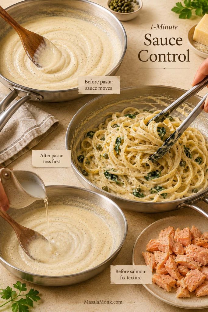 Three-stage sauce control guide with labels for before pasta, after pasta, and before salmon