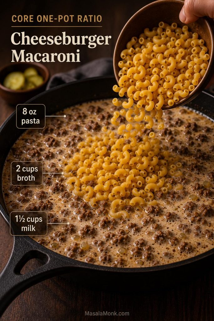 Dry elbow macaroni being added to a skillet with ground beef, broth, and milk for one-pot cheeseburger macaroni.