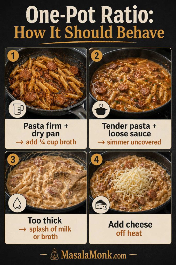 One-pot kielbasa pasta ratio board with fixes for dry pan, loose sauce, thick sauce, and adding cheese off heat.