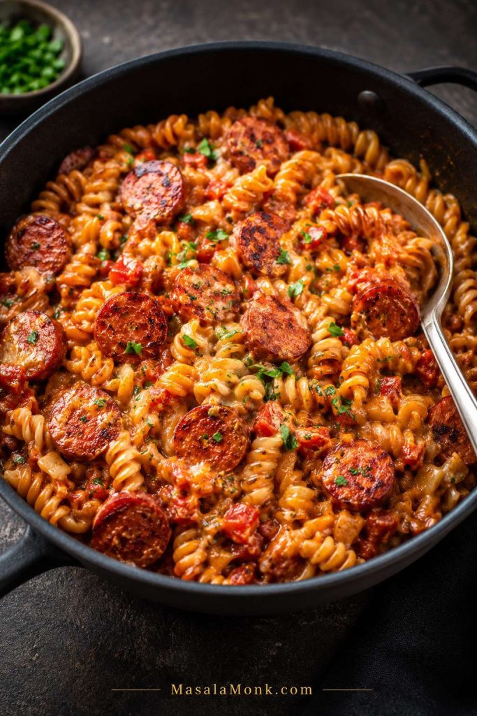 Skillet of one-pot kielbasa pasta with rotini, browned sausage, creamy tomato-cheese sauce, garnish, and a serving spoon.