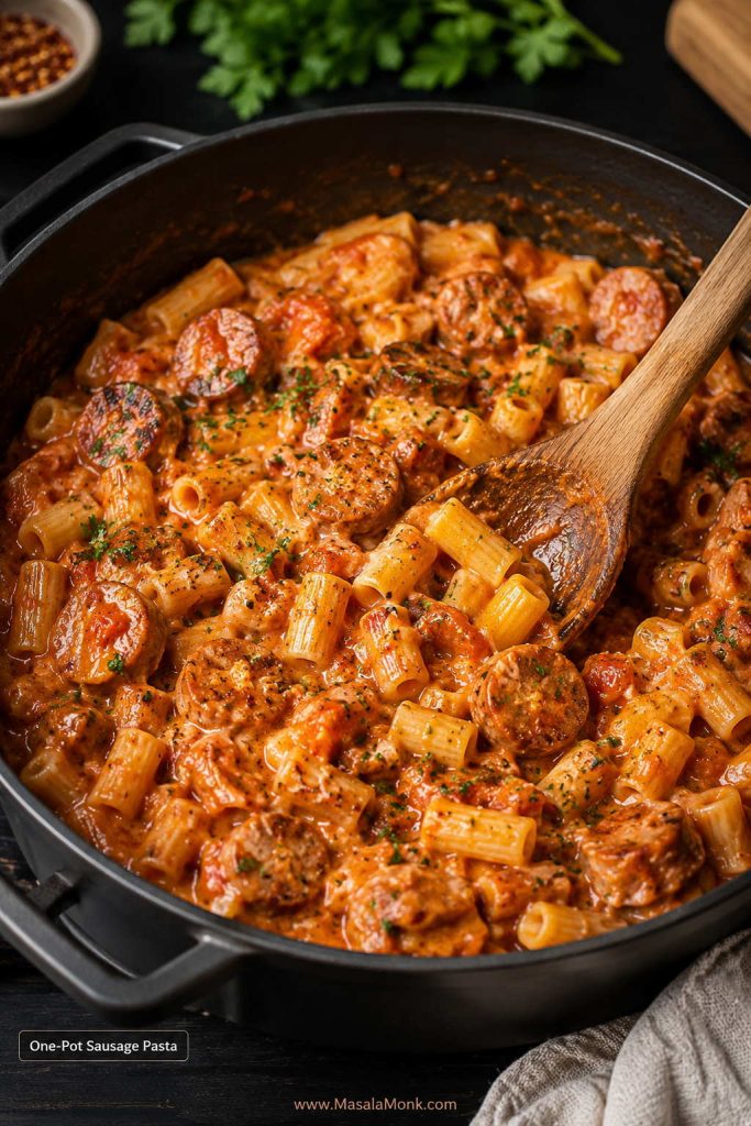One-pot sausage pasta cooked in a deep skillet with short pasta, sausage pieces, tomato sauce, herbs, and a wooden spoon.