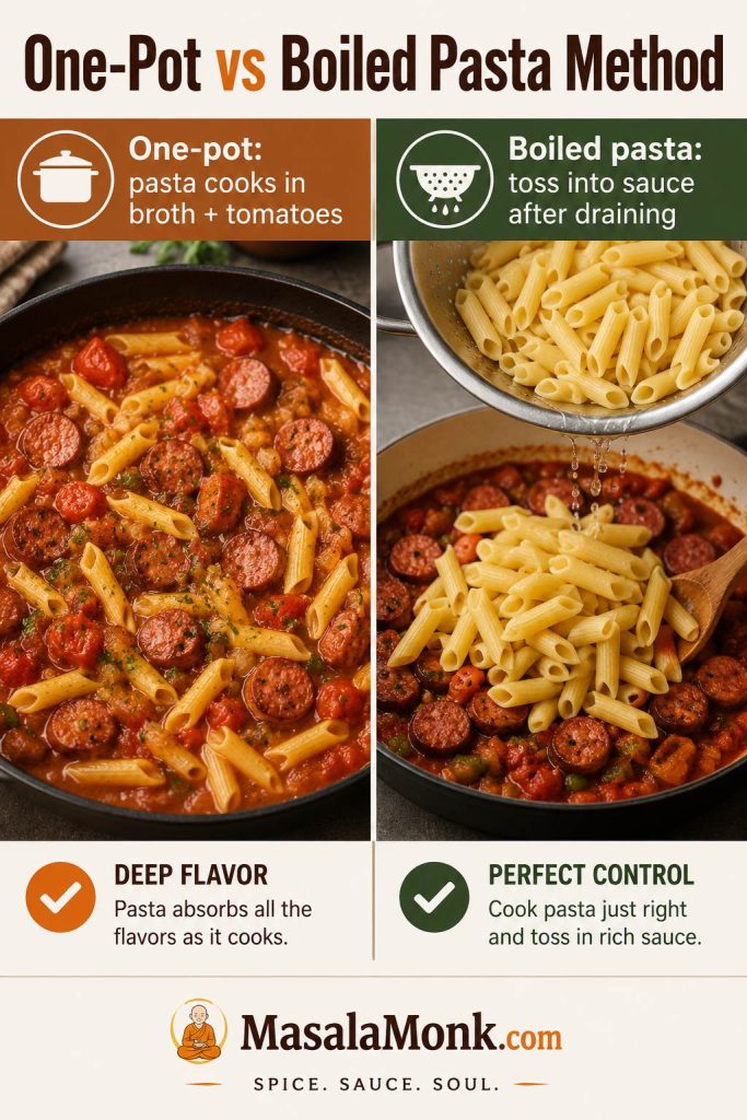 Side-by-side board comparing one-pot kielbasa pasta cooked in broth and tomatoes with boiled pasta tossed into sauce.