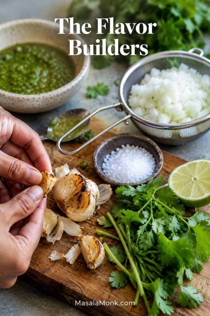 Roasted garlic, rinsed chopped onion, cilantro, lime, salt, and salsa verde arranged as flavor-building ingredients