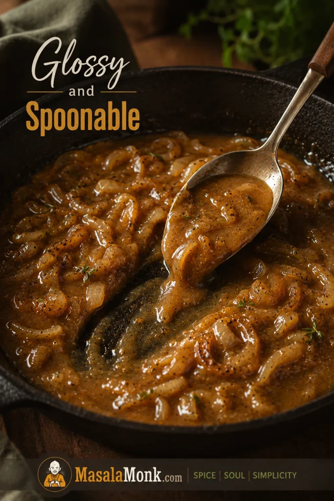 Spoon dragging through glossy golden-brown onion gravy with visible soft onions in a skillet.