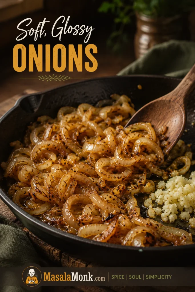Sliced onions cooking in a skillet until soft, glossy, and lightly golden with browned bits in the pan.
