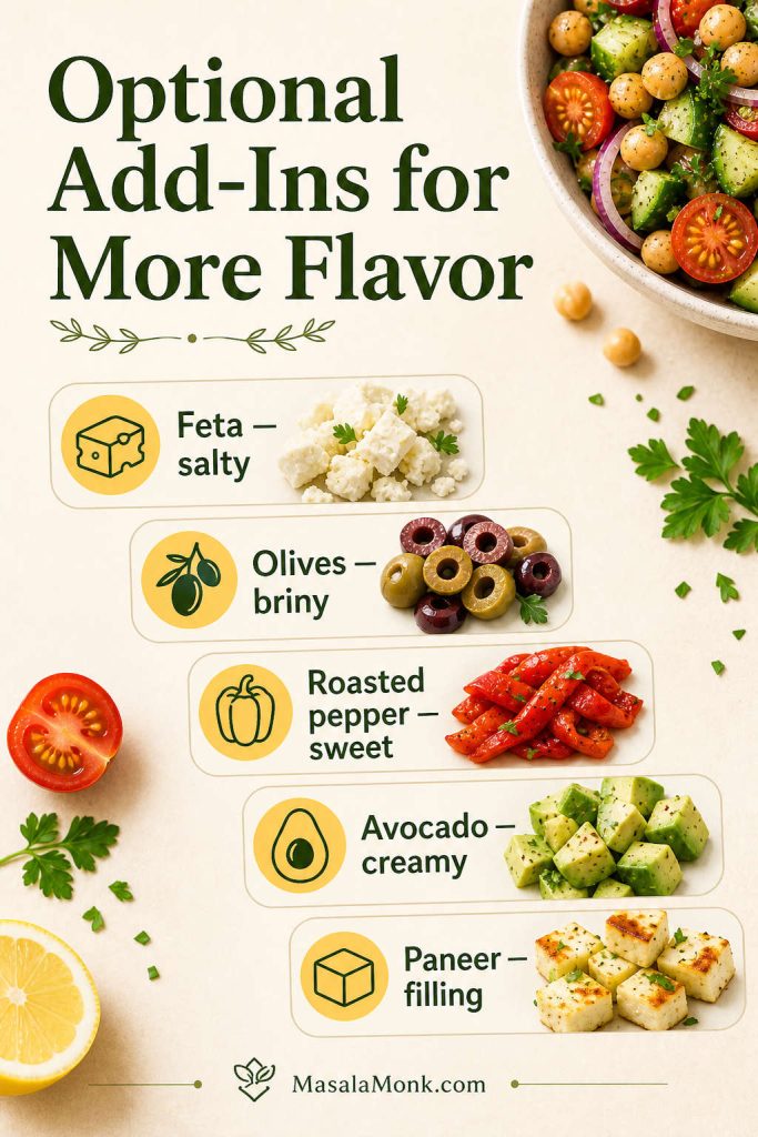 Guide to optional add-ins for chickpea salad including feta, olives, avocado, paneer, and roasted red pepper.