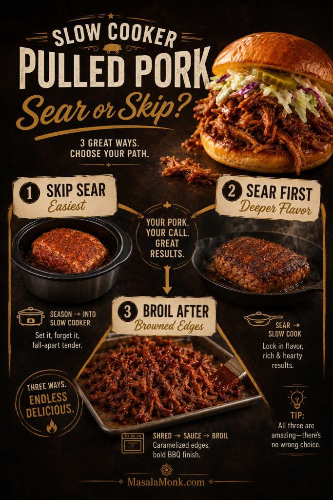 Decision board showing three pulled pork options: skip the sear, sear first for deeper flavor, or broil after shredding for browned edges.