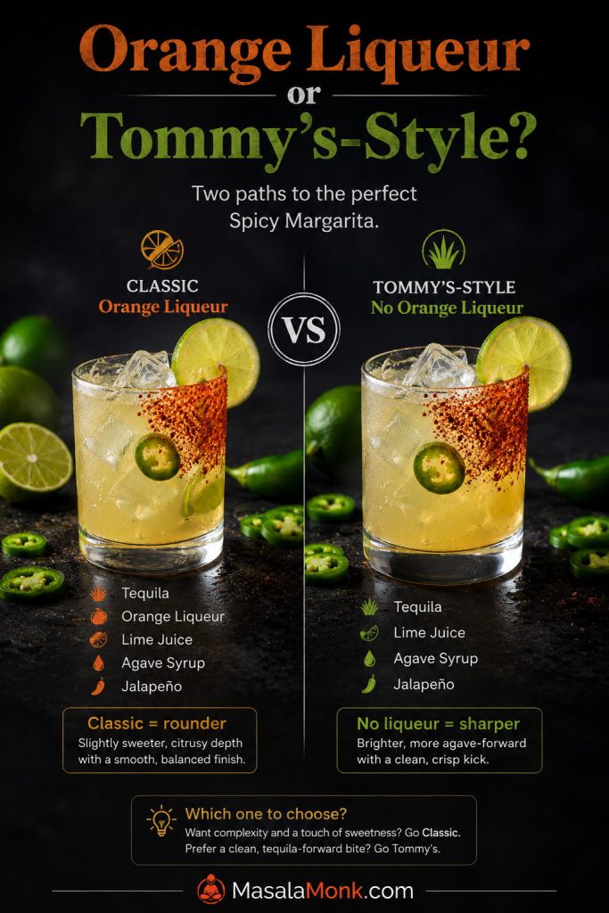 Classic spicy margarita with orange liqueur compared with a Tommy’s-style spicy margarita without orange liqueur.