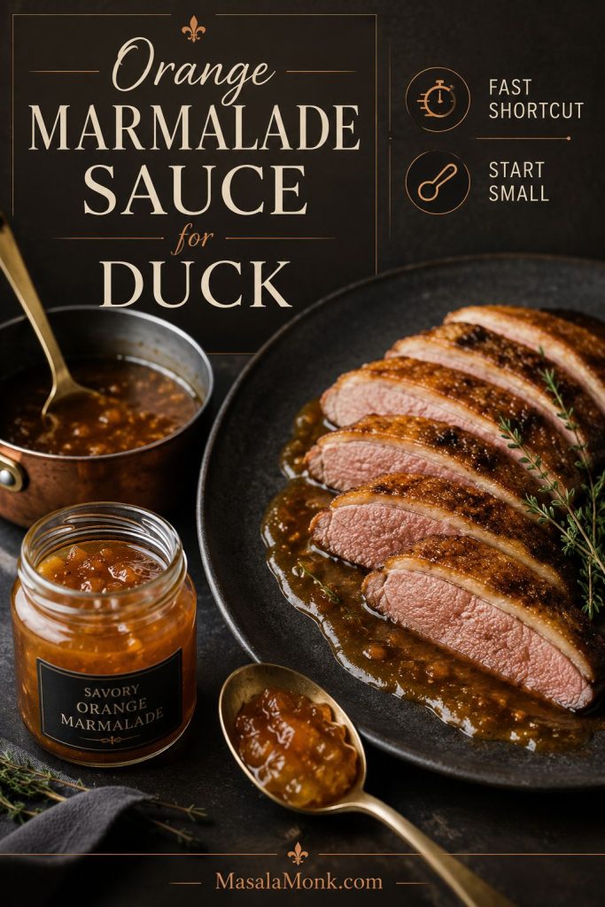 Orange marmalade sauce for duck with marmalade, a saucepan, and sliced duck