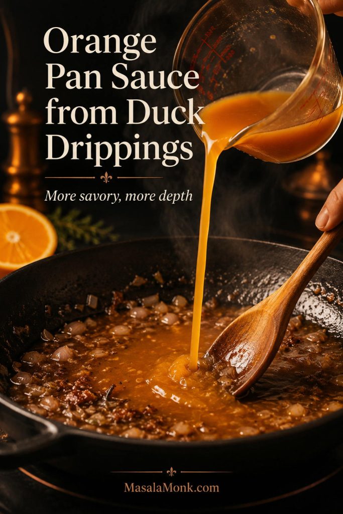 Orange pan sauce being made in a skillet with duck drippings, shallots, and browned bits