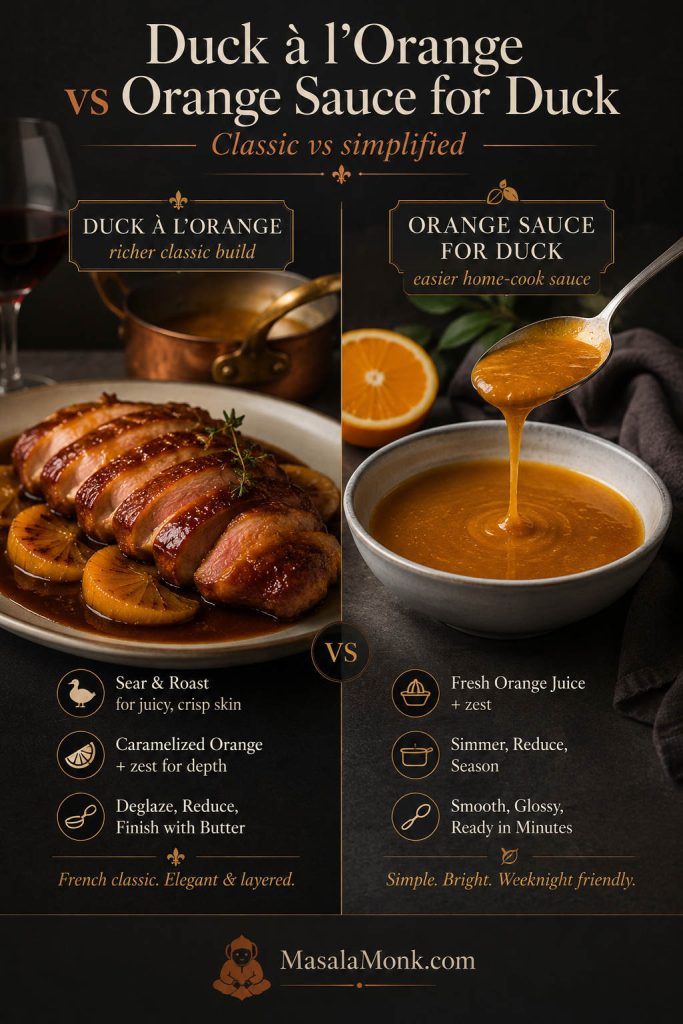 Base ratio for orange sauce for duck showing orange juice, stock, vinegar, zest, sweetener, and butter