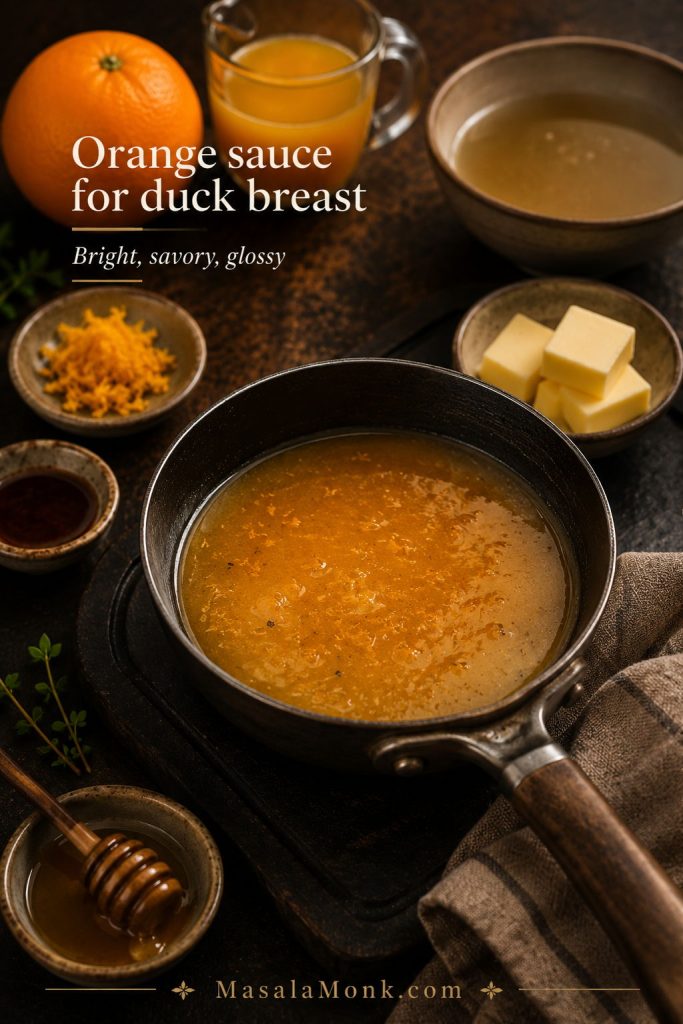 Small pan of orange sauce with orange juice, zest, vinegar, stock, honey, and butter for duck breast