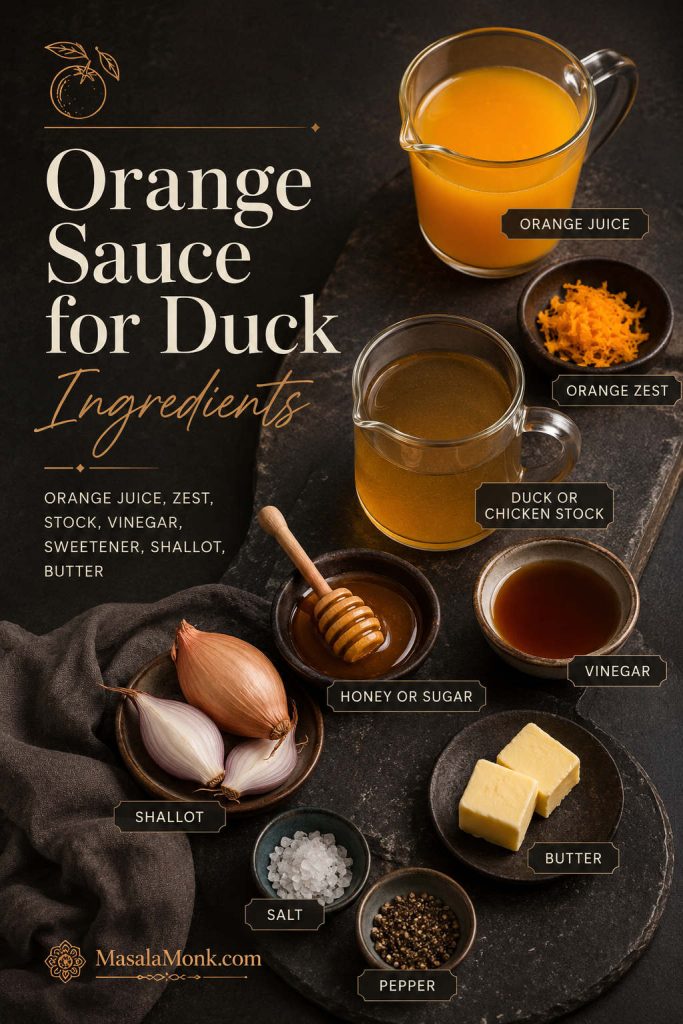Ingredients for orange sauce for duck including orange juice, zest, stock, vinegar, honey, butter, shallot, salt, and pepper