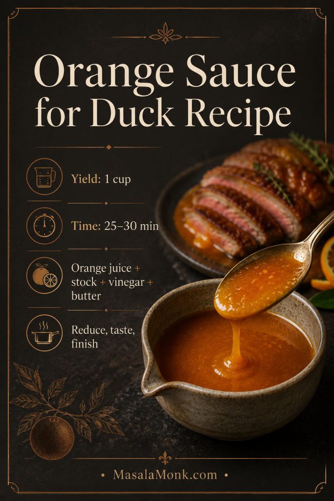 Saveable orange sauce for duck recipe card with yield, time, ingredients, and method cues