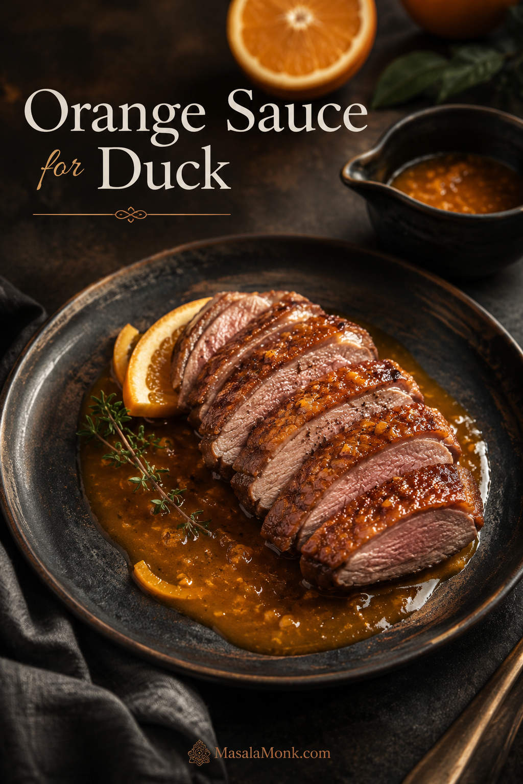 Sliced duck breast with crisp skin served over glossy orange sauce on a dark plate.