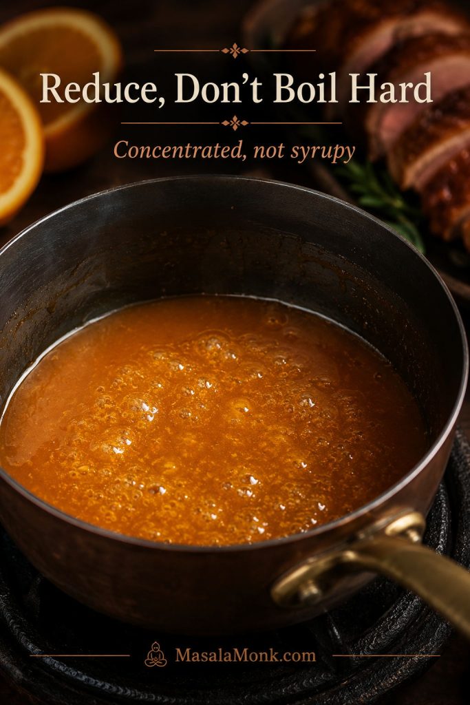 Orange sauce gently reducing in a saucepan