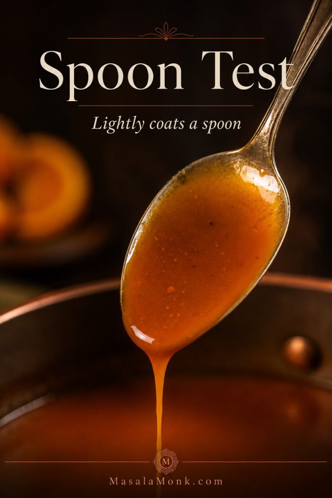Glossy orange sauce lightly coating the back of a spoon