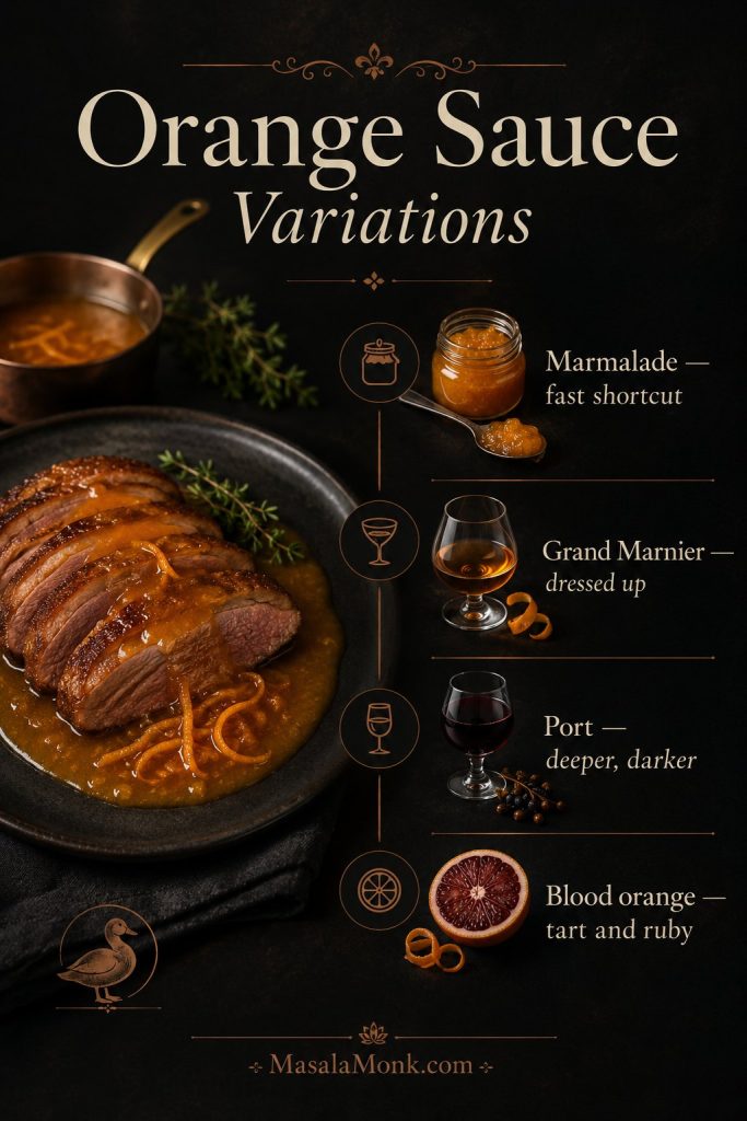 Orange sauce variation guide with marmalade, Grand Marnier, port, and blood orange options