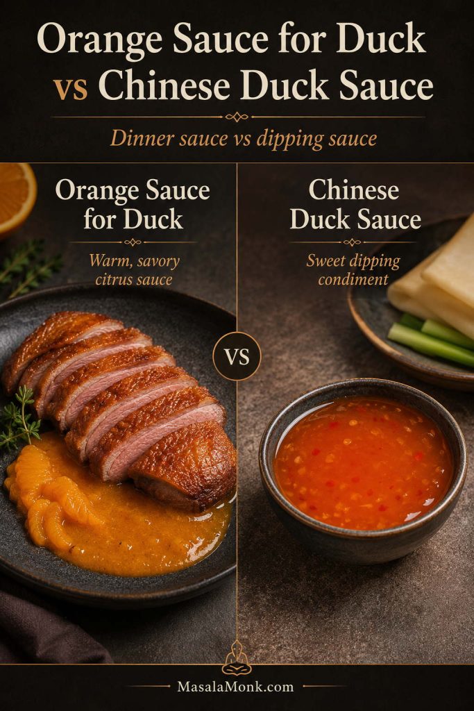 Comparison of savory orange sauce for duck and Chinese duck sauce as a sweet dipping condiment