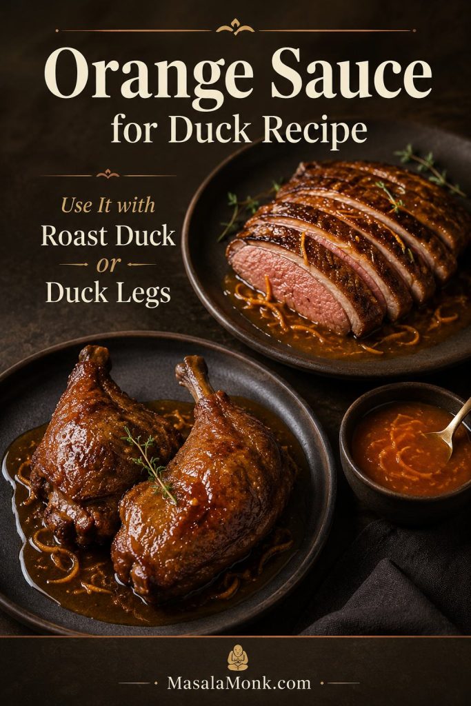 Orange sauce served with sliced roast duck and duck legs on dark plates