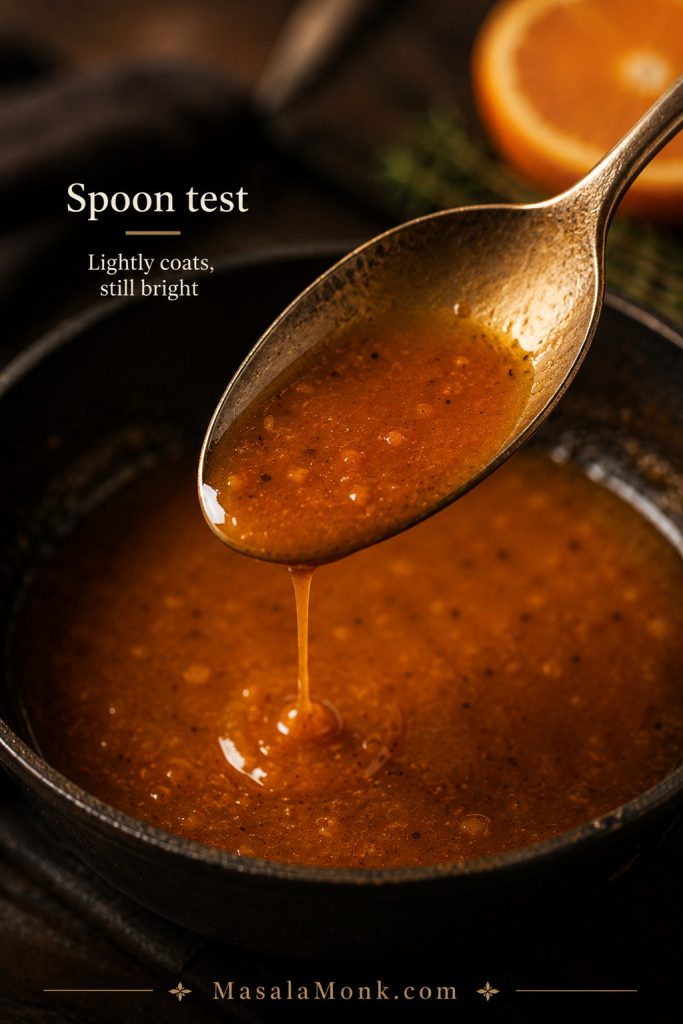 Spoon lifted from orange sauce showing a light glossy coating on the back of the spoon