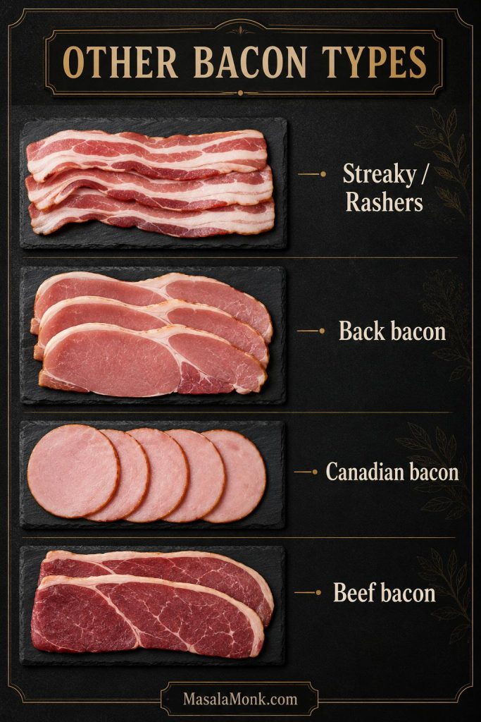Guide to other bacon types for the air fryer including streaky rashers, back bacon, Canadian bacon, and beef bacon.