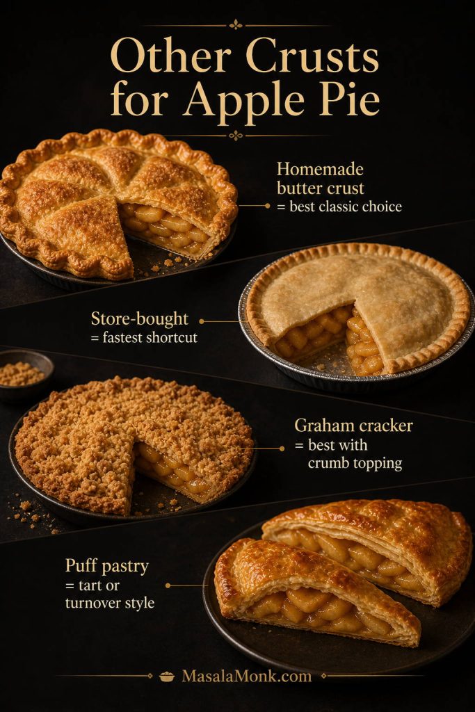 Other crusts for apple pie board showing homemade butter crust, store-bought crust, graham cracker crumb pie, and puff pastry turnovers.