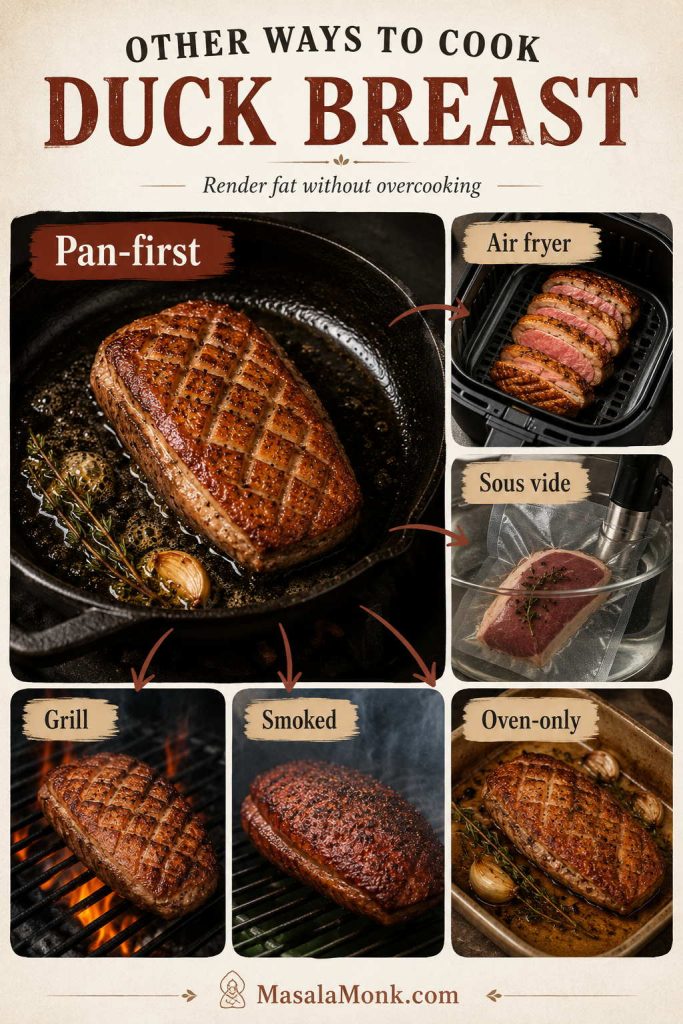Duck breast cooking methods guide with pan-first, air fryer, sous vide, grill, smoked, and oven-only options