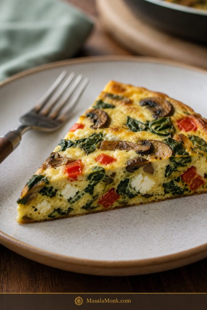Close-up slice of oven-baked egg frittata on a plate, showing a softly set center with vegetables and cheese.