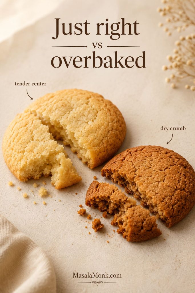 Just-right almond flour cookie with tender center compared with a darker overbaked cookie with dry crumb.
