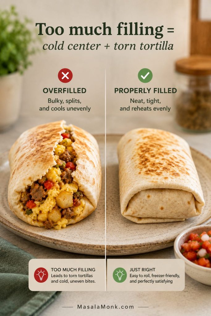 Overfilled breakfast burrito splitting open beside a neatly rolled breakfast burrito with controlled filling.