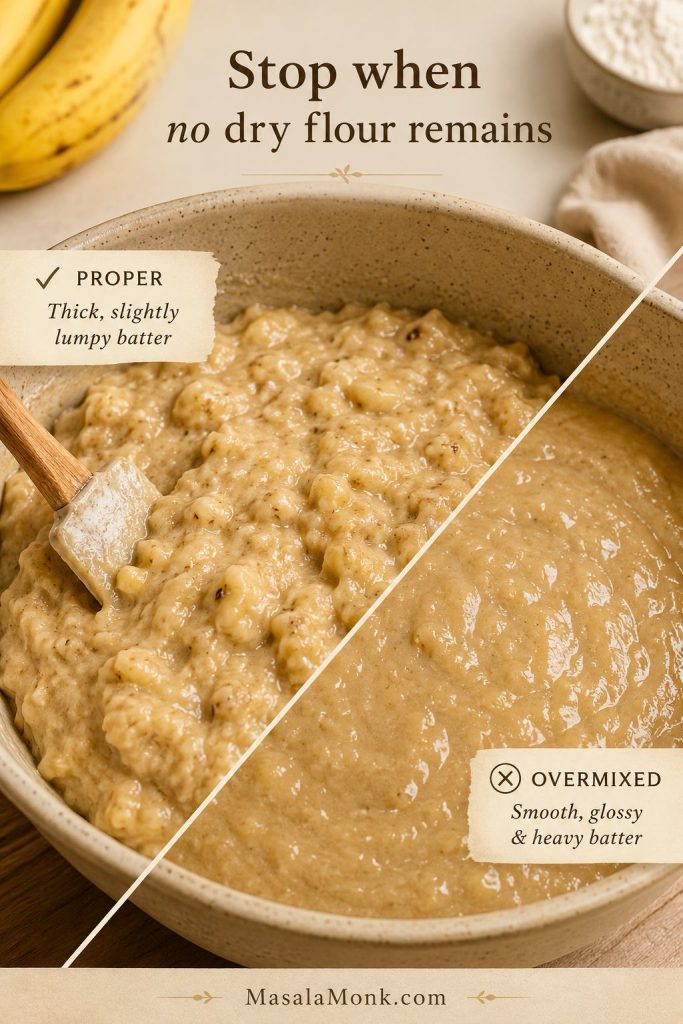 Comparison of properly mixed banana bread batter and overmixed batter with the text “Stop when no dry flour remains.”