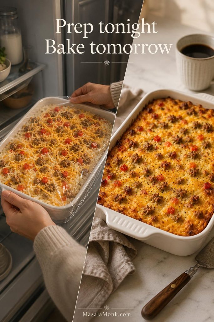 Overnight breakfast casserole with hash browns being prepared in the refrigerator and baked the next morning.