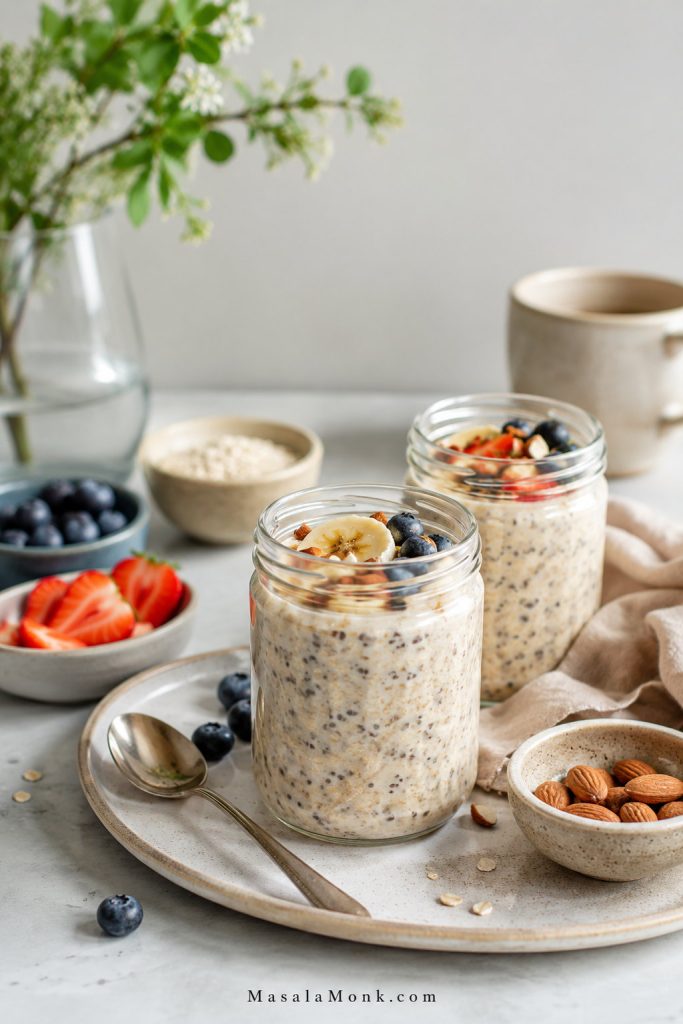 Finished overnight oats jars in a calm breakfast scene with fruit, nuts, spoon, small bowls, and creamy oat texture.