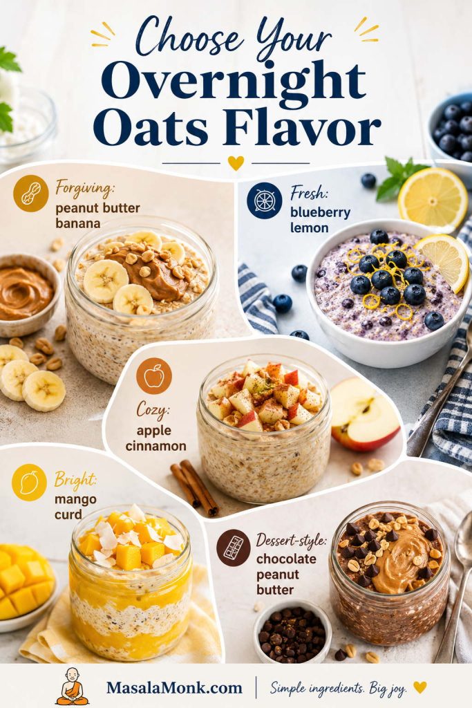 Overnight oats flavor chooser with peanut butter banana, blueberry lemon, apple cinnamon, mango curd, and chocolate peanut butter ideas.