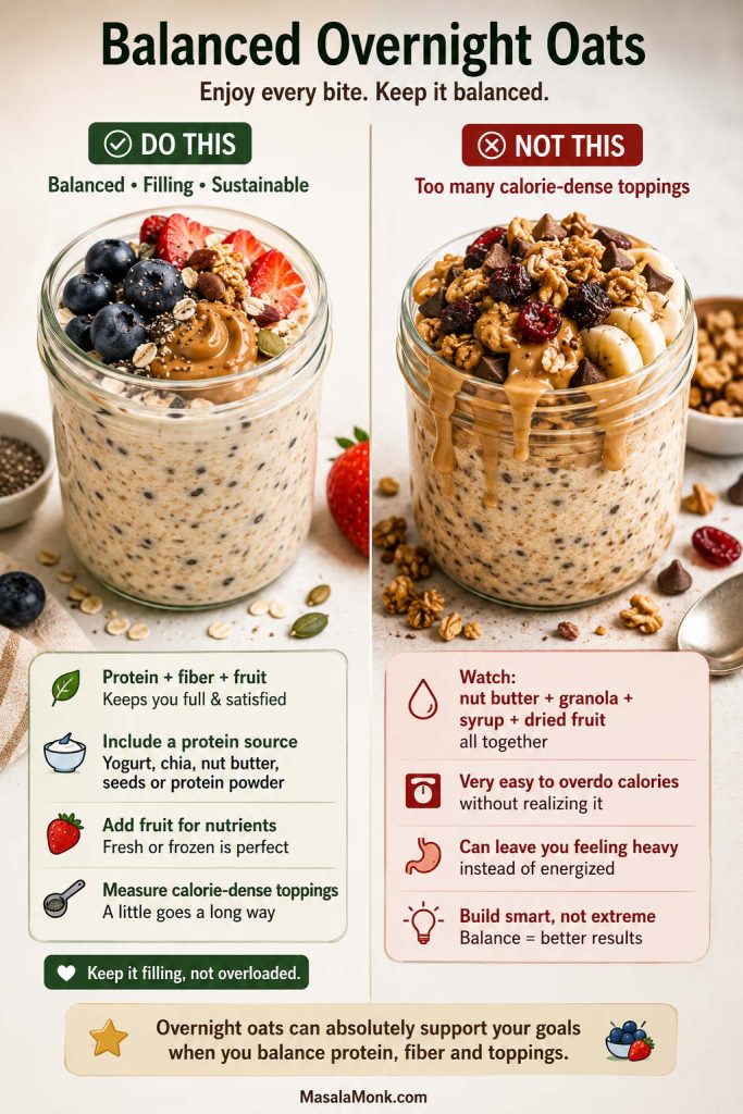 Balanced overnight oats compared with an overloaded jar containing extra nut butter, granola, syrup, dried fruit, and chocolate chips.