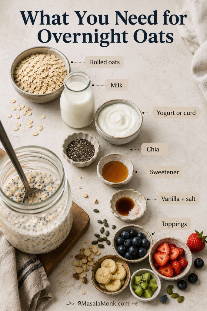 Overnight oats ingredients guide with rolled oats, milk, yogurt or curd, chia seeds, sweetener, vanilla, salt, and toppings.