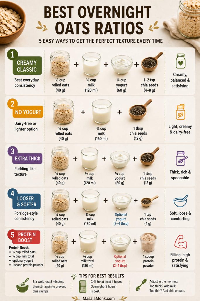 Overnight oats ratio guide showing creamy classic, no-yogurt, extra-thick, looser, and protein versions.