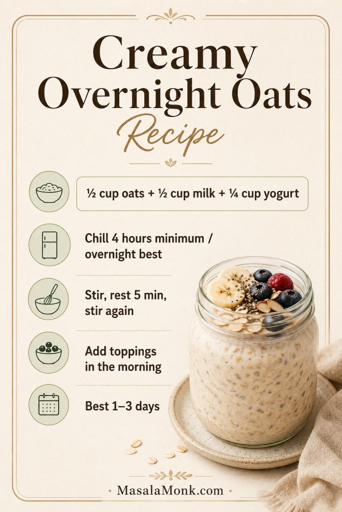 Saveable creamy overnight oats recipe card with oats, milk, yogurt, chill time, second stir tip, topping timing, and storage note.