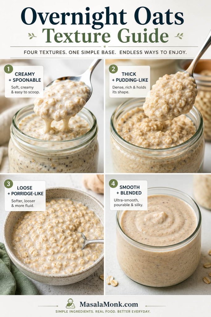 Overnight oats texture guide showing creamy, thick, loose, and smooth blended oat textures.