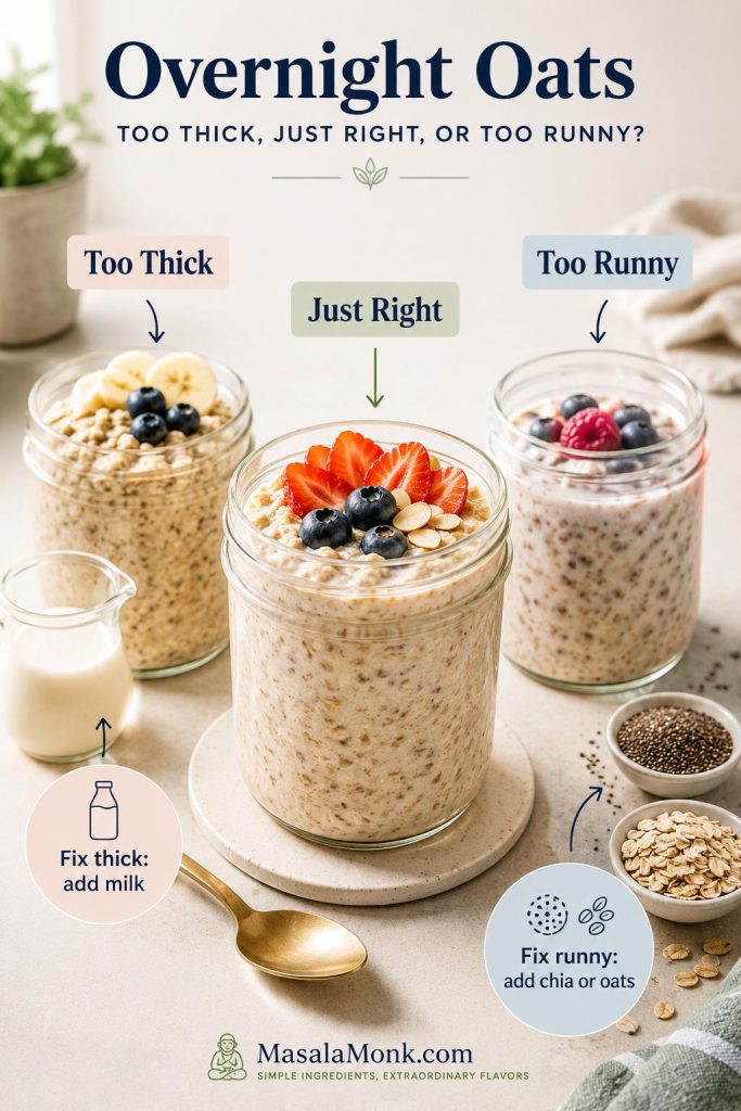 Overnight oats comparison showing too-thick, just-right, and too-runny textures with milk, chia, and oats as fixes.