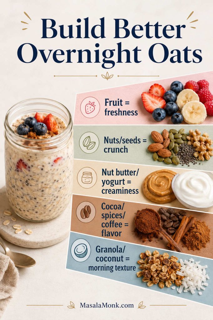 Overnight oats topping builder showing fruit, nuts, seeds, nut butter, yogurt, spices, granola, and coconut grouped by purpose.