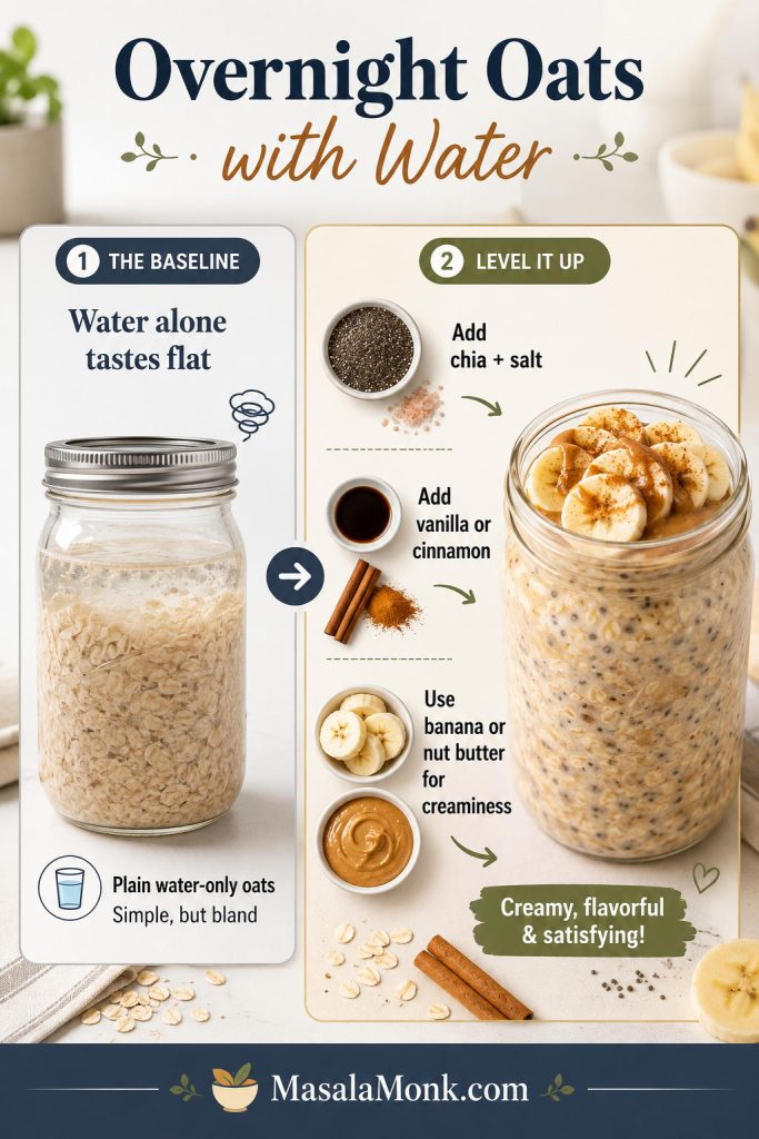 Overnight oats with water guide showing plain water oats improved with chia seeds, salt, vanilla, cinnamon, banana, and nut butter.