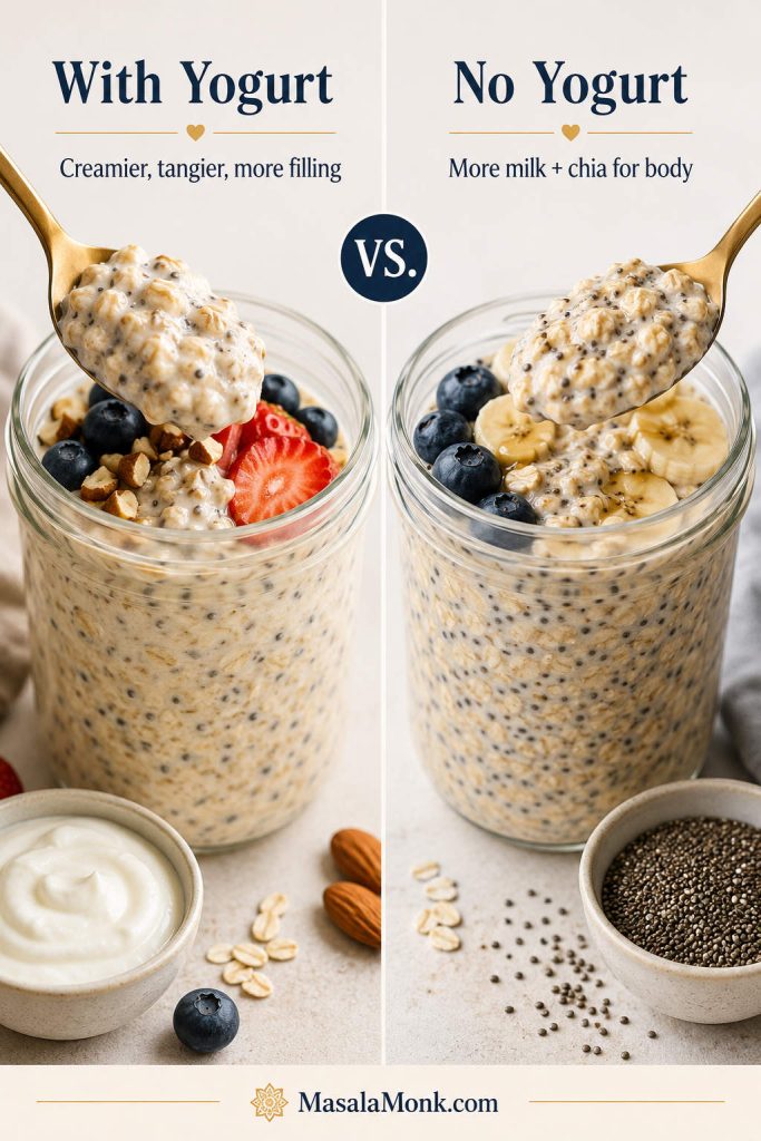 Side-by-side comparison of overnight oats with yogurt and no-yogurt overnight oats thickened with chia seeds.