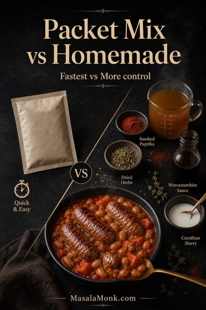 Comparison of packet mix and homemade seasoning for sausage casserole using herbs, stock, paprika and cornflour slurry.