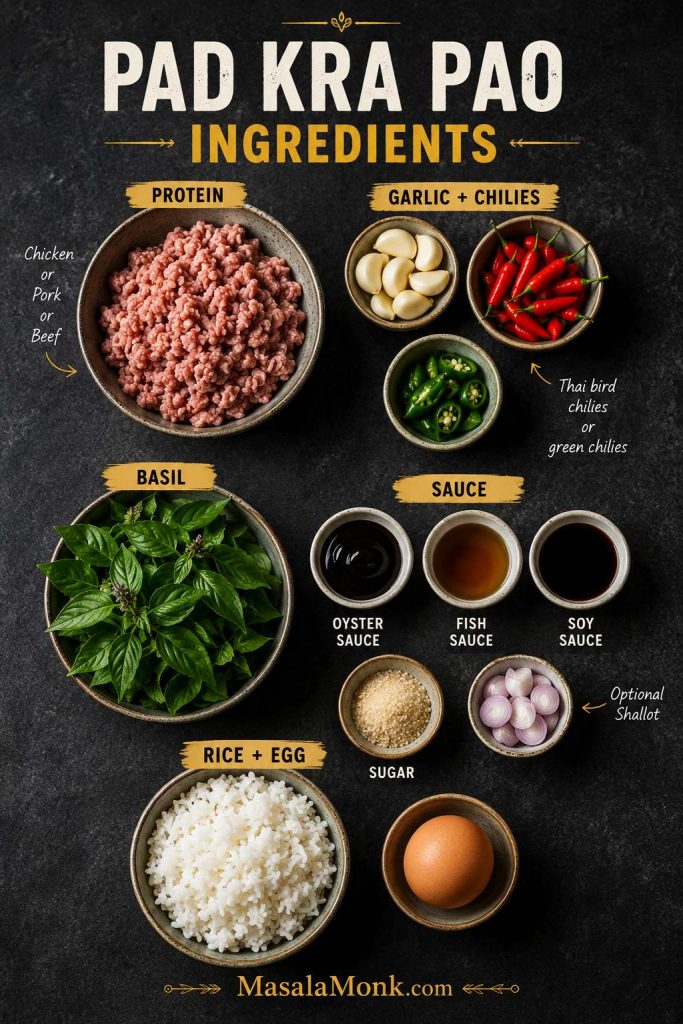 Overhead Pad Kra Pao ingredient map with protein, garlic, chilies, basil, sauce ingredients, rice, egg, and shallot.