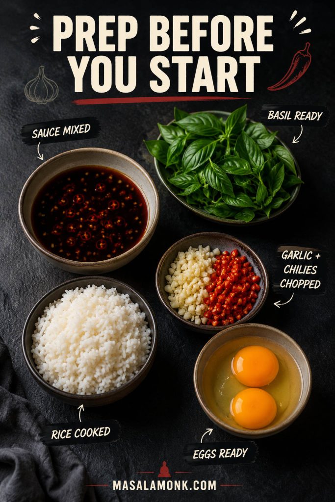 Pad Kra Pao prep setup with mixed sauce, basil, chopped garlic and chilies, cooked rice, and eggs on a dark surface.