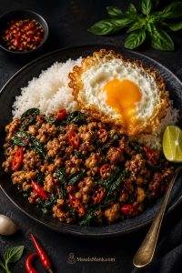 Finished Pad Kra Pao rice plate with glossy basil minced meat, red chilies, fluffy white rice, lime, and a crispy fried egg on a dark plate.