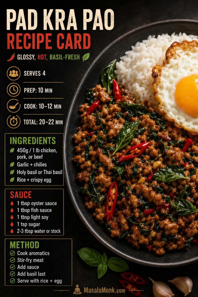 Pad Kra Pao recipe card with serving time, ingredients, sauce amounts, method bullets, and a plated basil stir-fry with rice and egg.