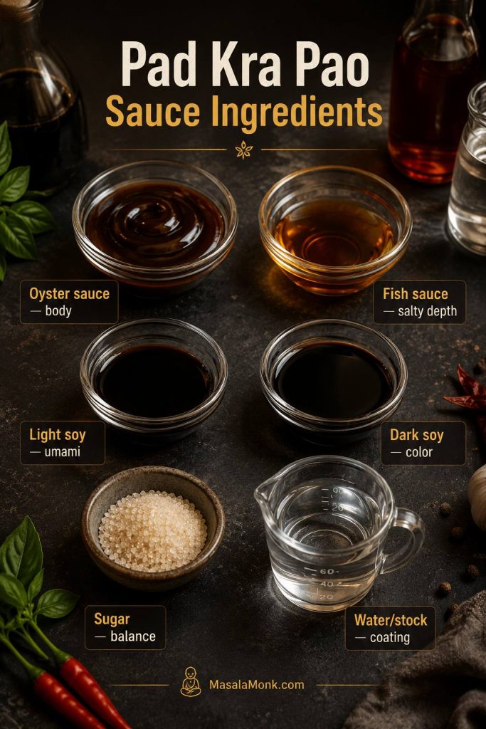 Pad Kra Pao sauce ingredients board with oyster sauce, fish sauce, light soy, dark soy, sugar, and water or stock role labels.
